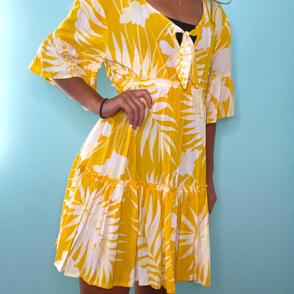 Yellow Floral Pattern Dress Cover up